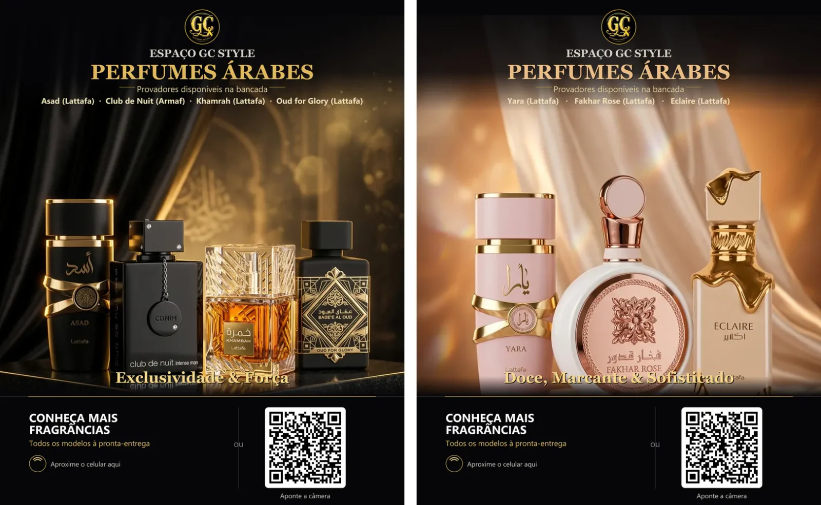 Os dois banners do balcão, linha masculina e linha feminina.