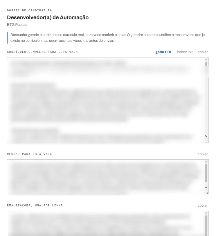 Dossiê: currículo reescrito pra vaga, pronto pra conferir e enviar.